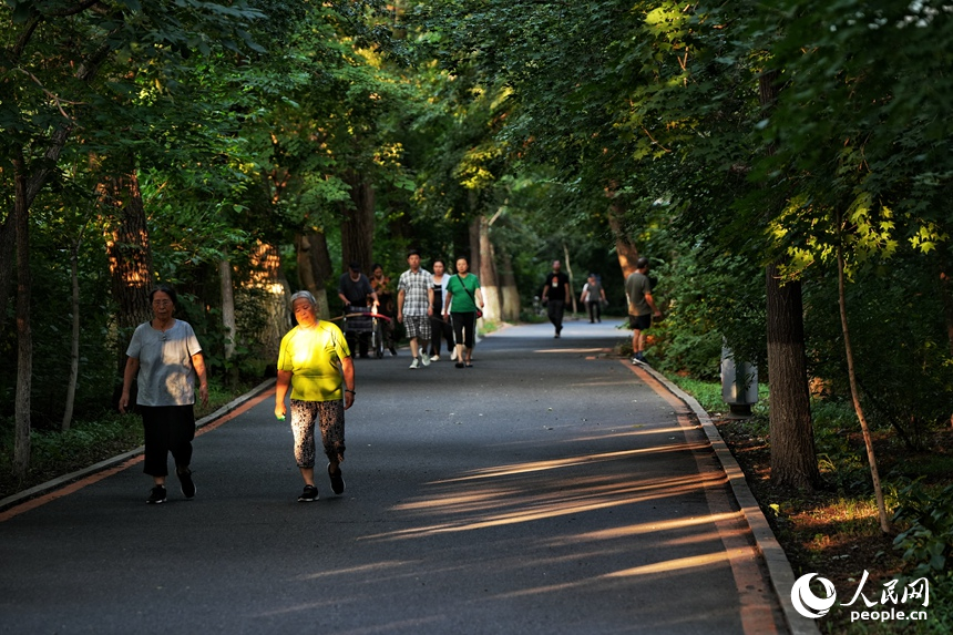 傍晚時分，市民在家門口的公園內愜意地散步。人民網記者 李洋攝