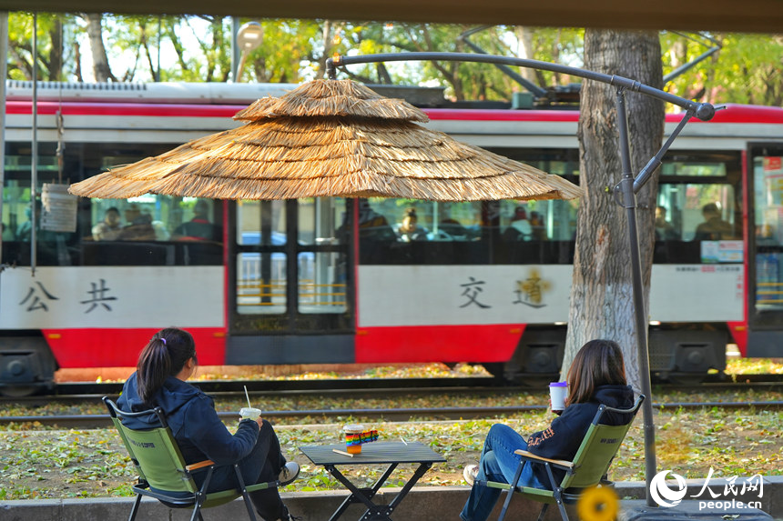 游客在54路沿線的電車主題咖啡館品咖啡、賞秋色。人民網記者 李洋攝